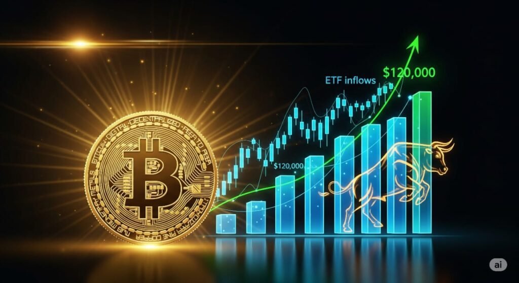 Golden Bitcoin coin with glowing rays, bullish market chart, ETF inflows, and $120,000 price target with charging bull illustration.