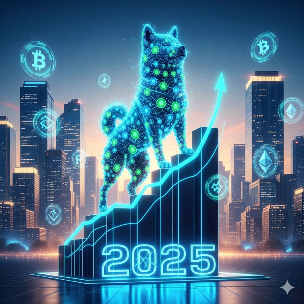 Shiba Inu in 2025 futuristic crypto illustration showing growth and blockchain adoption